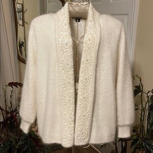 Elegant White Angora Cardigan with Front Floral Embroidery